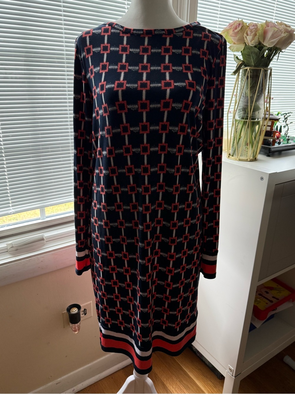Michael Kors Black Knit Long-Sleeve Dress with Red Geometric Squares